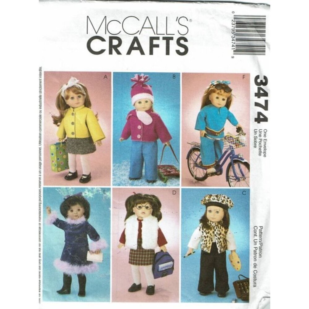 McCalls 3474 Sewing Pattern‎ 18" Doll Clothes Jackets Skirts Tops Hat & Scarf
